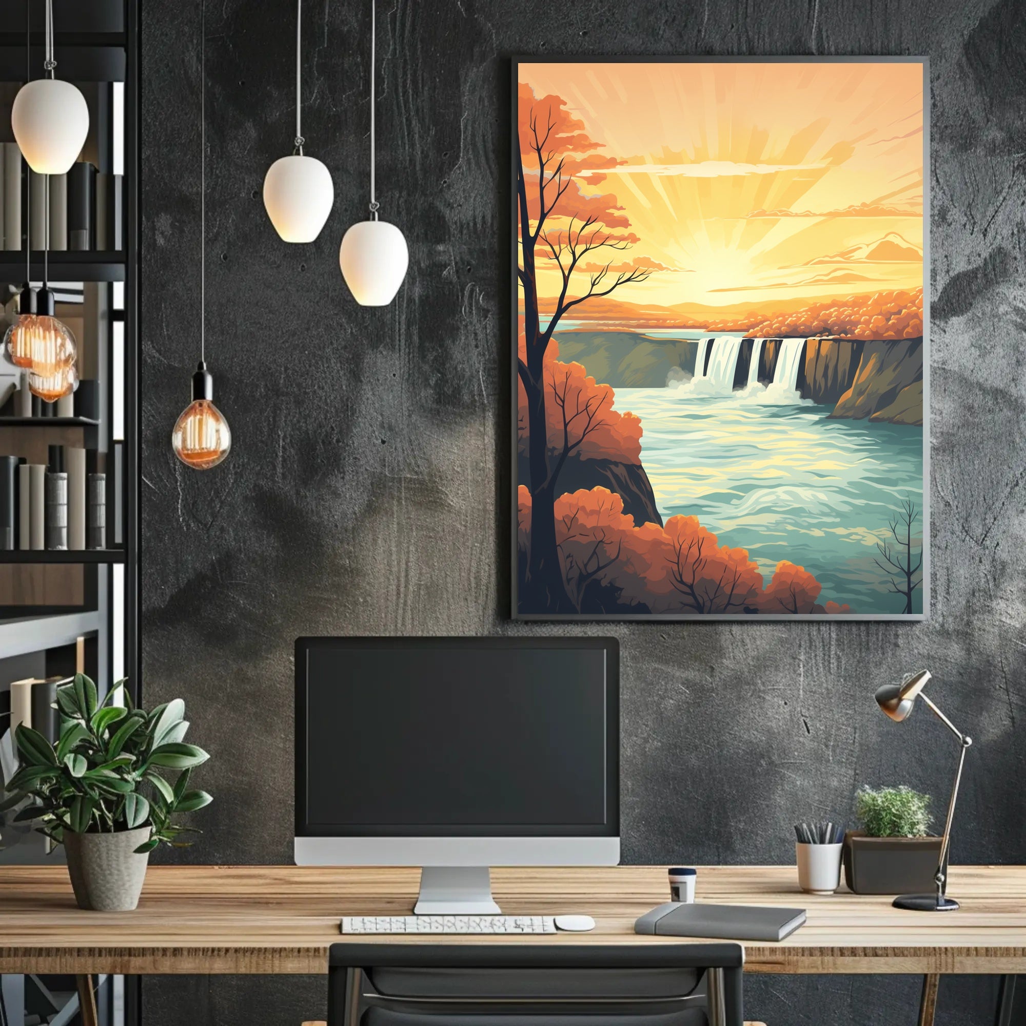 Idyllic Waterfall Sunrise Vintage Travel Poster PosterGoat