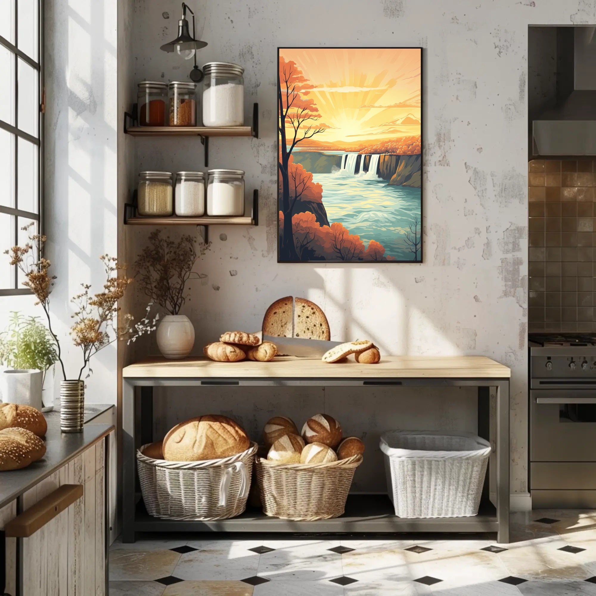 Idyllic Waterfall Sunrise Vintage Travel Poster PosterGoat