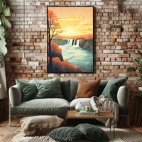 Idyllic Waterfall Sunrise Vintage Travel Poster PosterGoat