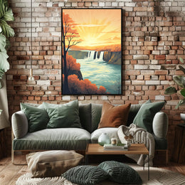Idyllic Waterfall Sunrise Vintage Travel Poster PosterGoat