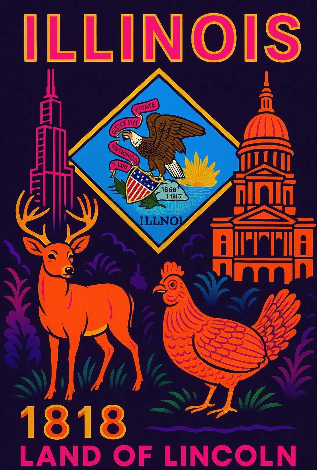 Illinois Land of Lincoln Retro Artistic Heritage Poster PosterGoat