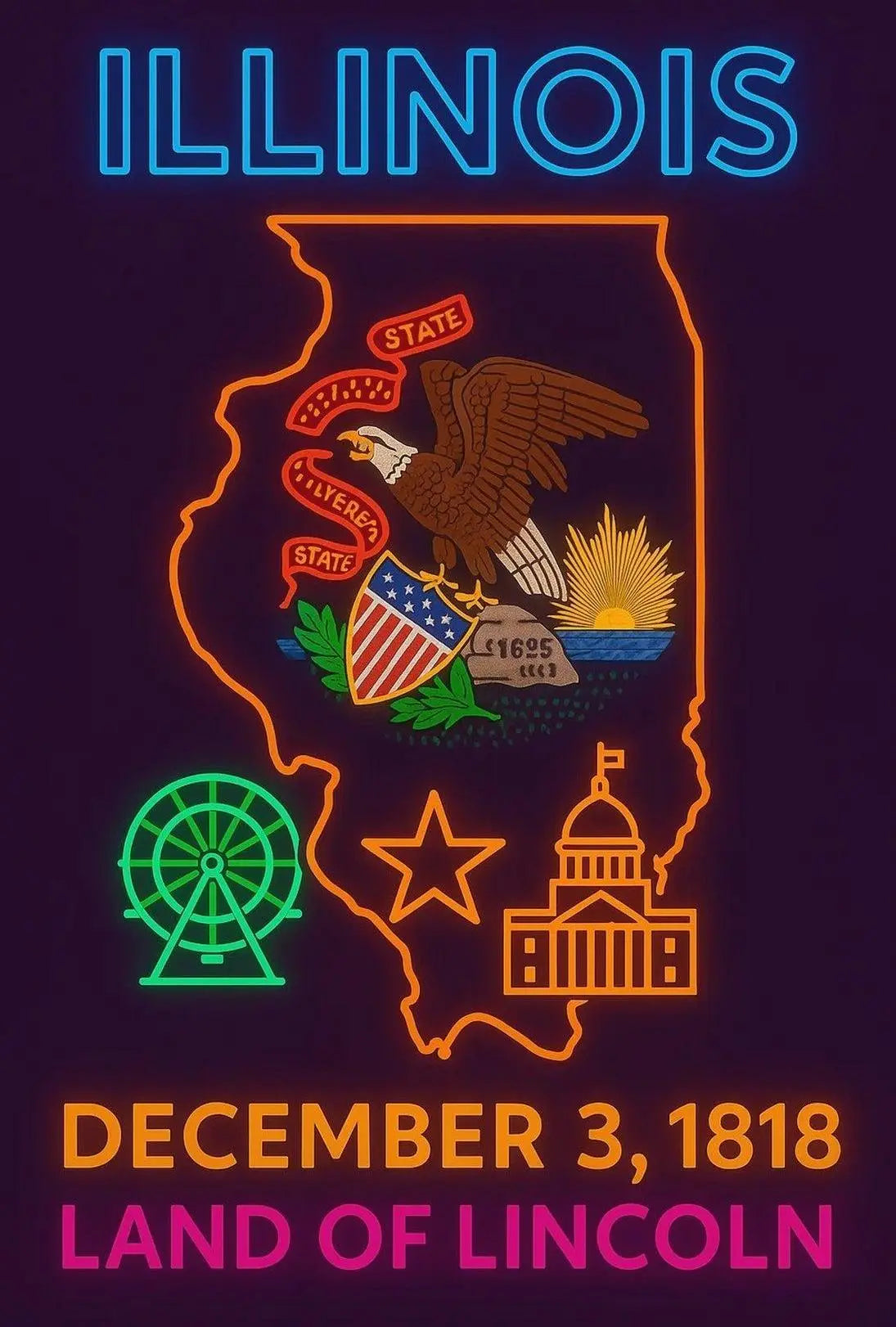 Illinois Neon Landmarks Poster: Cultural or Heritage Poster PosterGoat