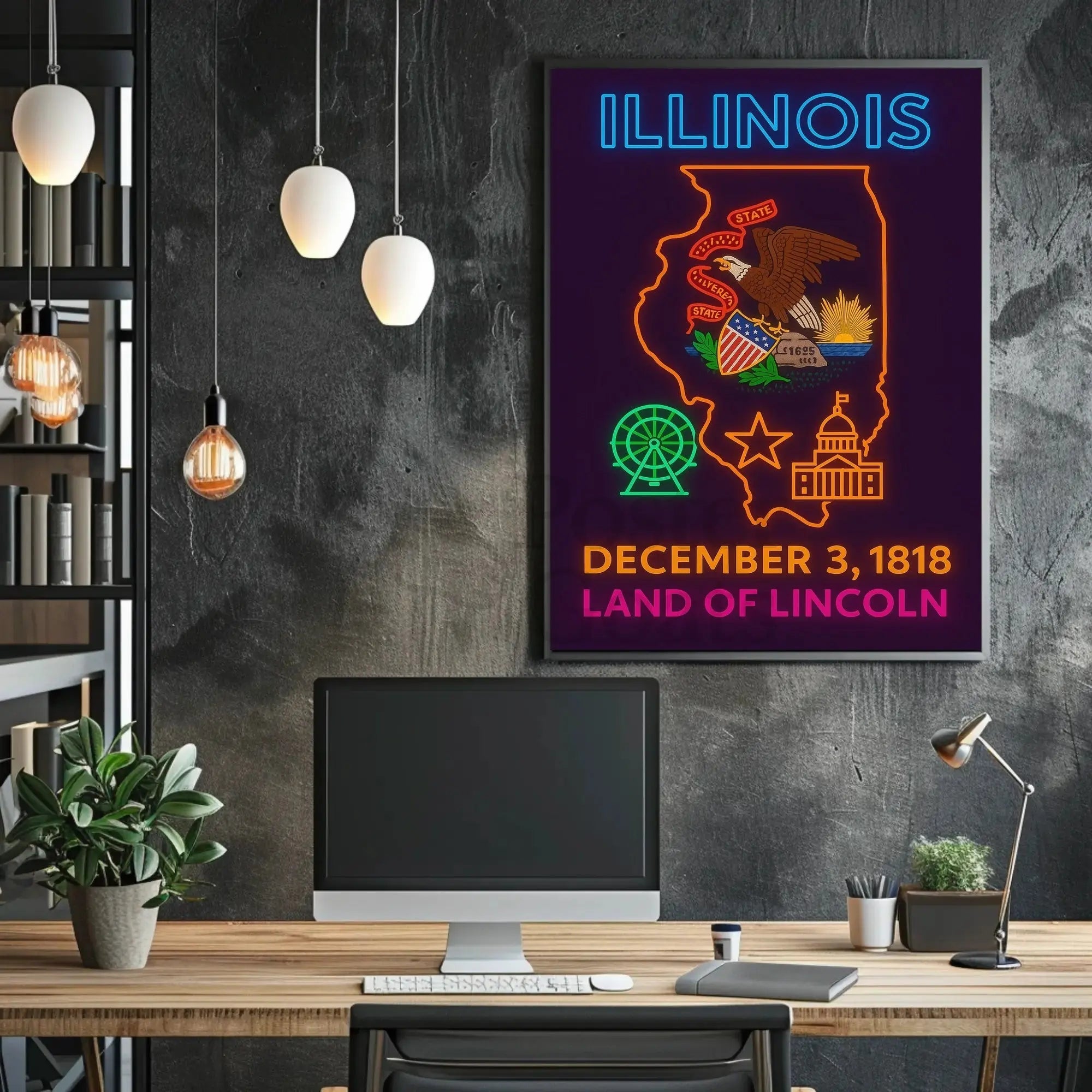 Illinois Neon Landmarks Poster: Cultural or Heritage Poster PosterGoat