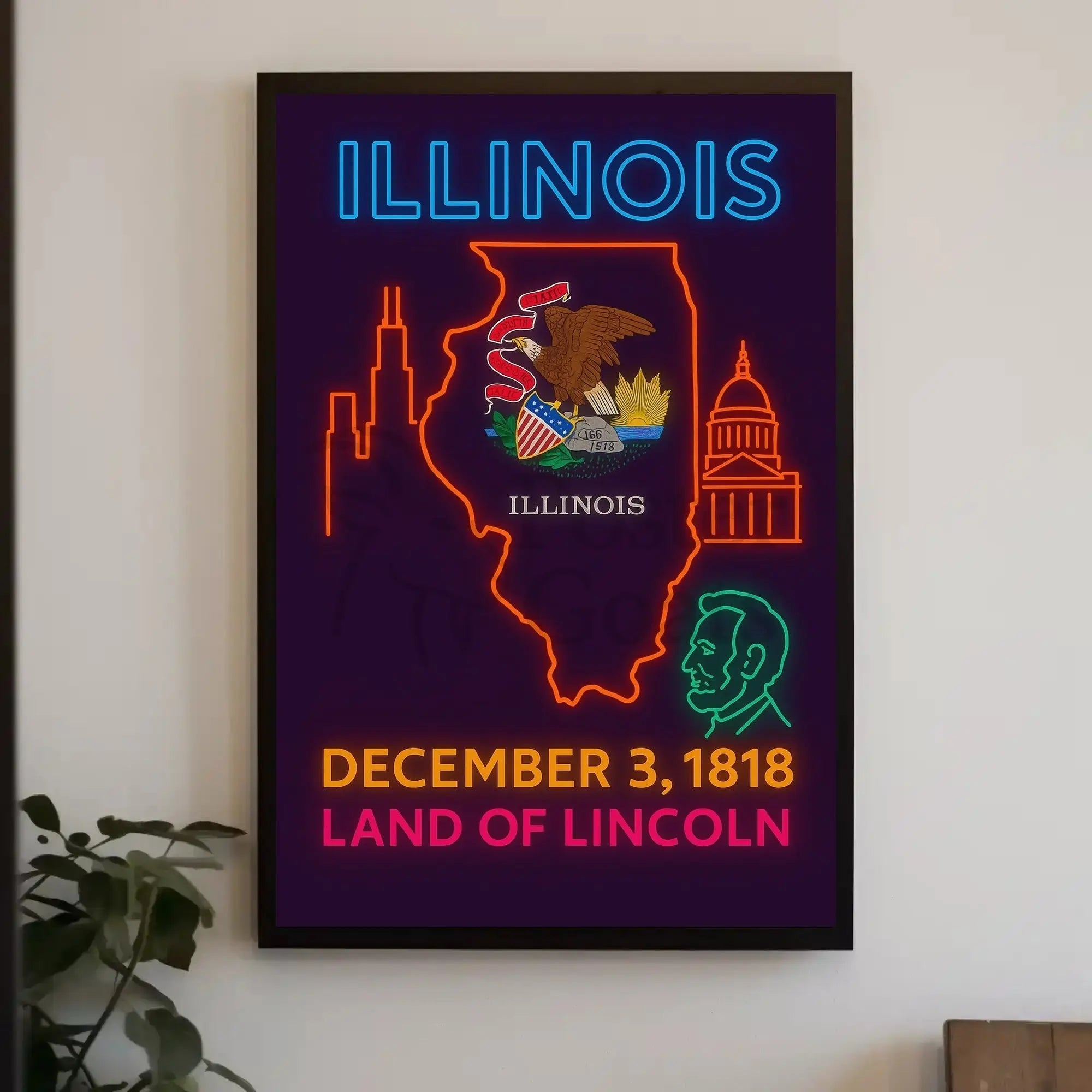 Illinois Neon Statehood Celebration Poster - Historical or Presidential Poster PosterGoat