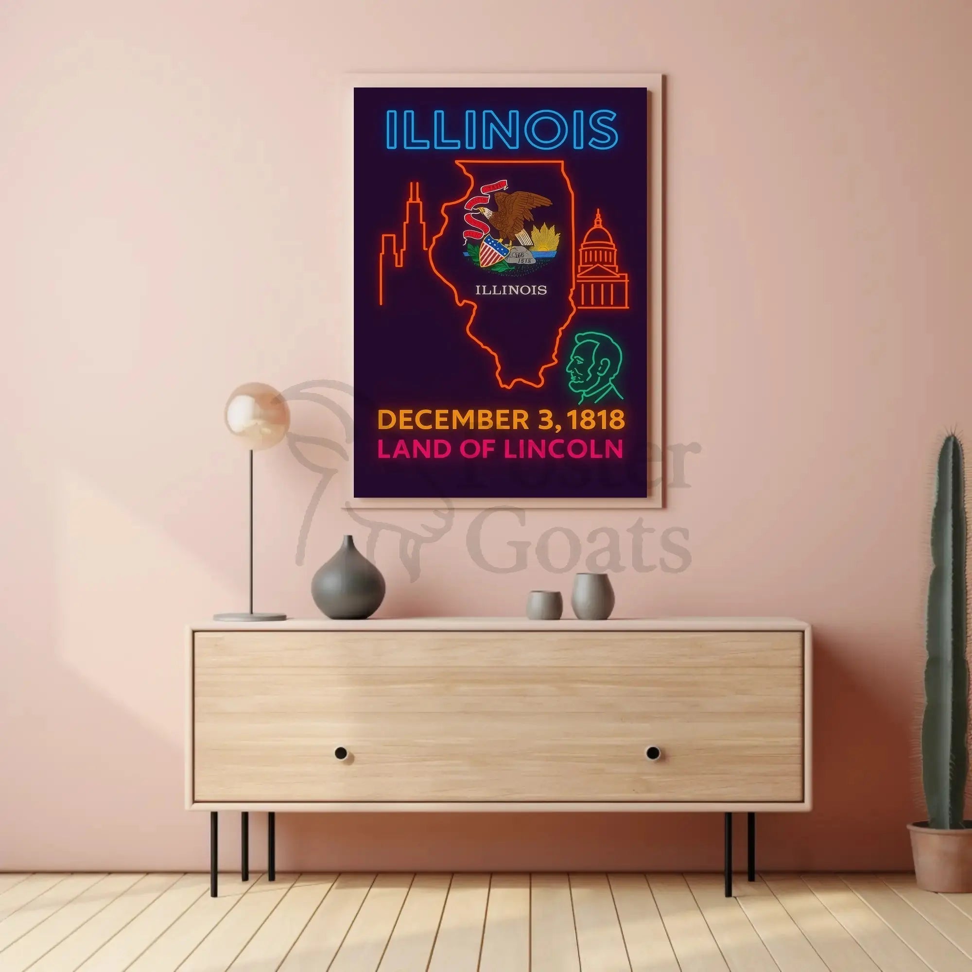 Illinois Neon Statehood Celebration Poster - Historical or Presidential Poster PosterGoat