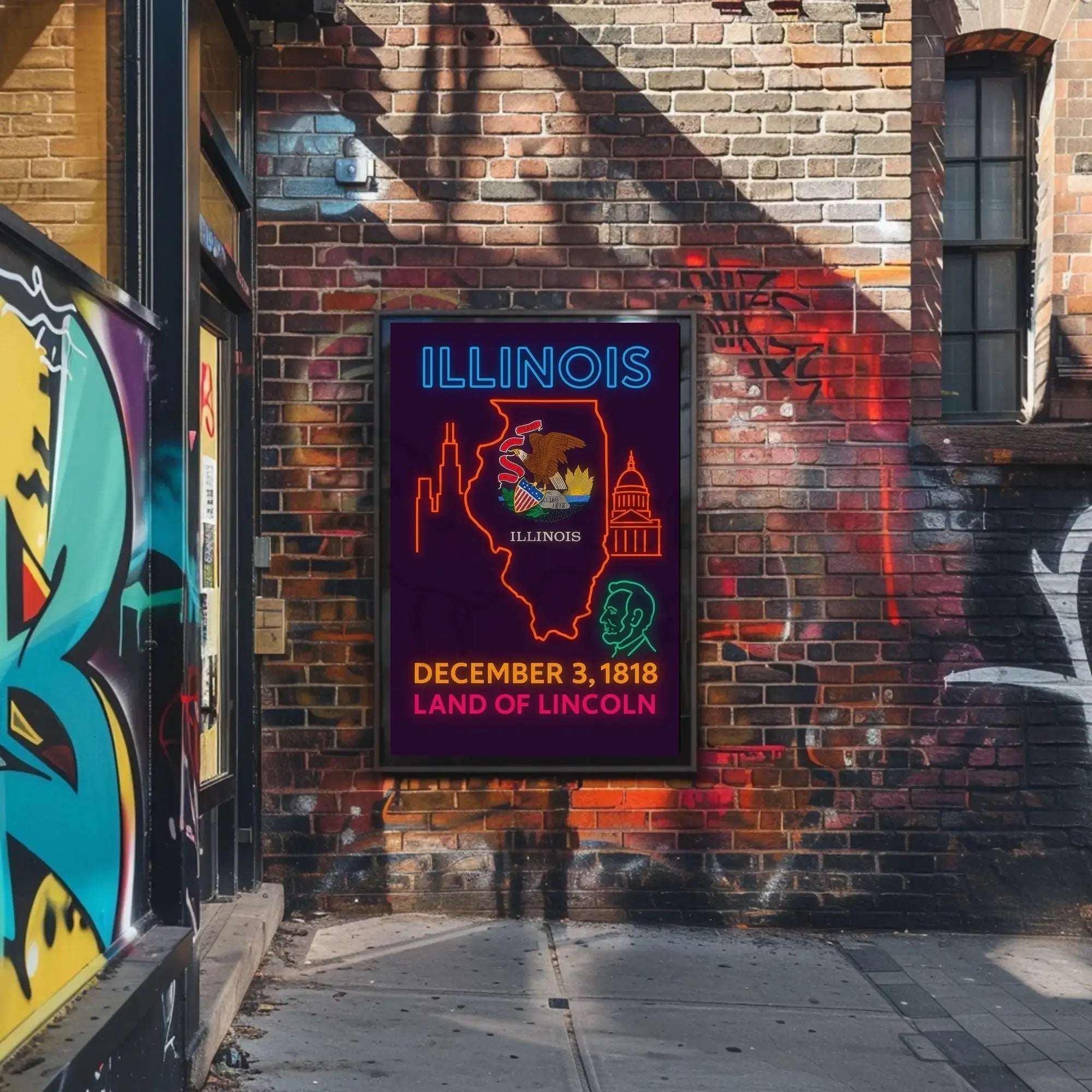 Illinois Neon Statehood Celebration Poster - Historical or Presidential Poster PosterGoat