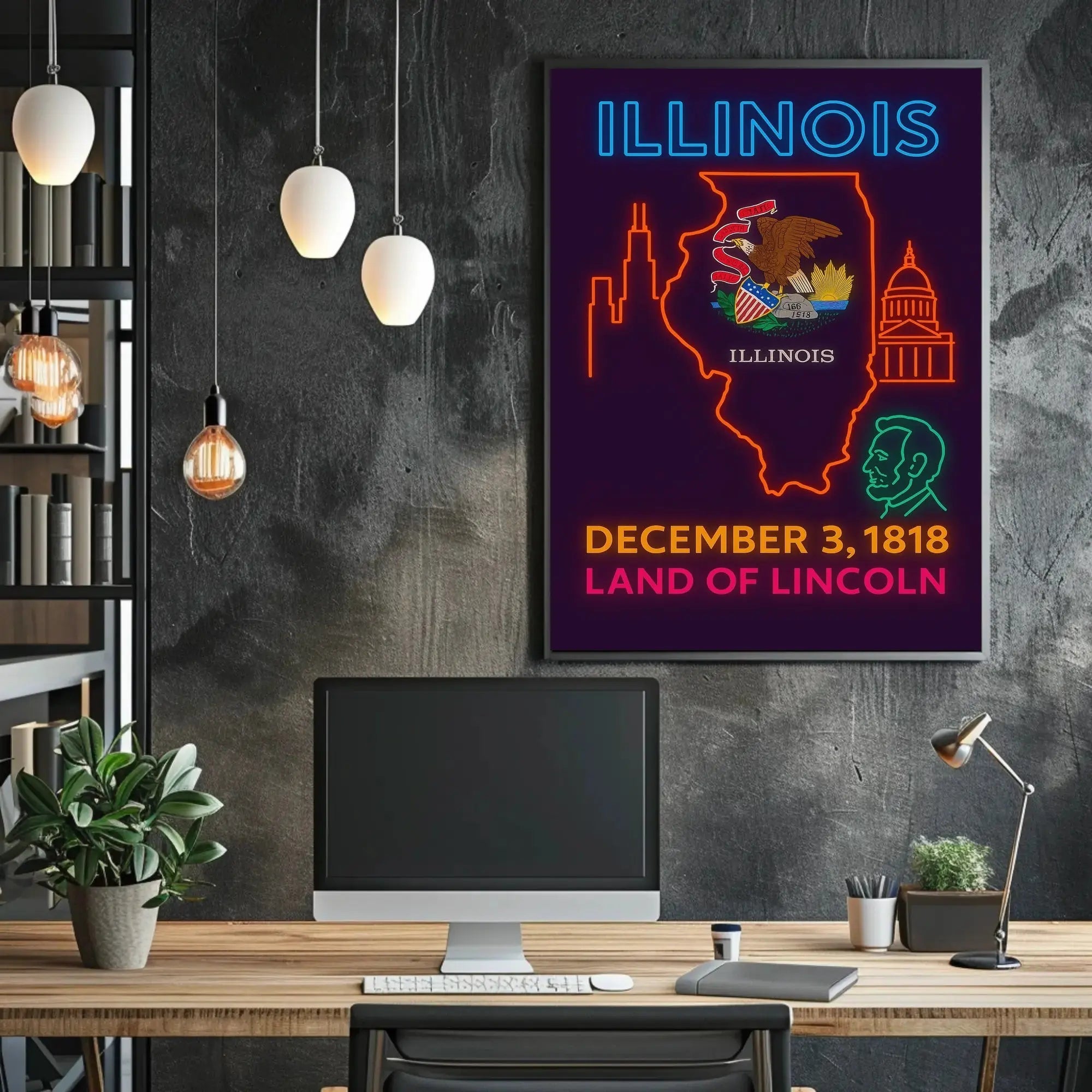 Illinois Neon Statehood Celebration Poster - Historical or Presidential Poster PosterGoat