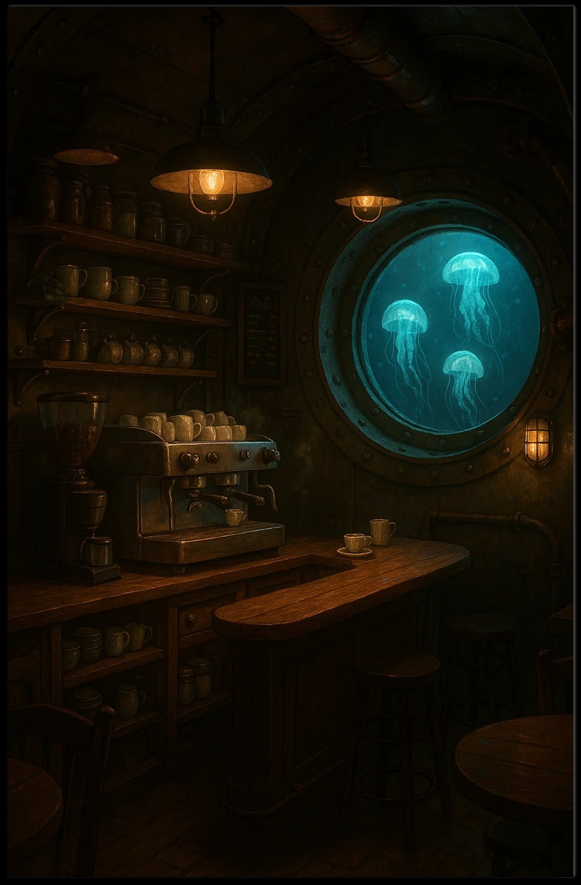 Imaginative Submarine Café Scene in Futuristic Sci-Fi Poster PosterGoat