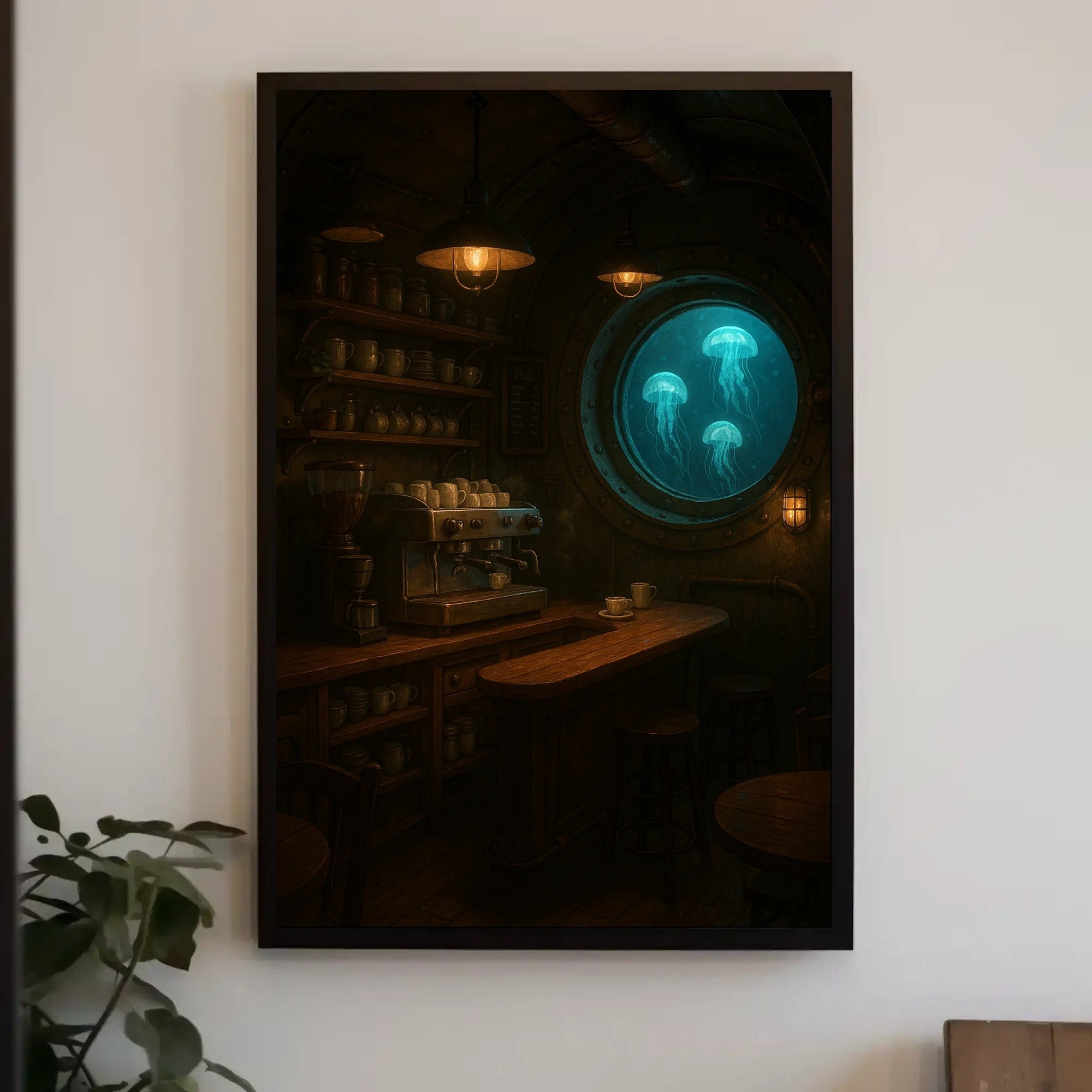 Imaginative Submarine Café Scene in Futuristic Sci-Fi Poster PosterGoat
