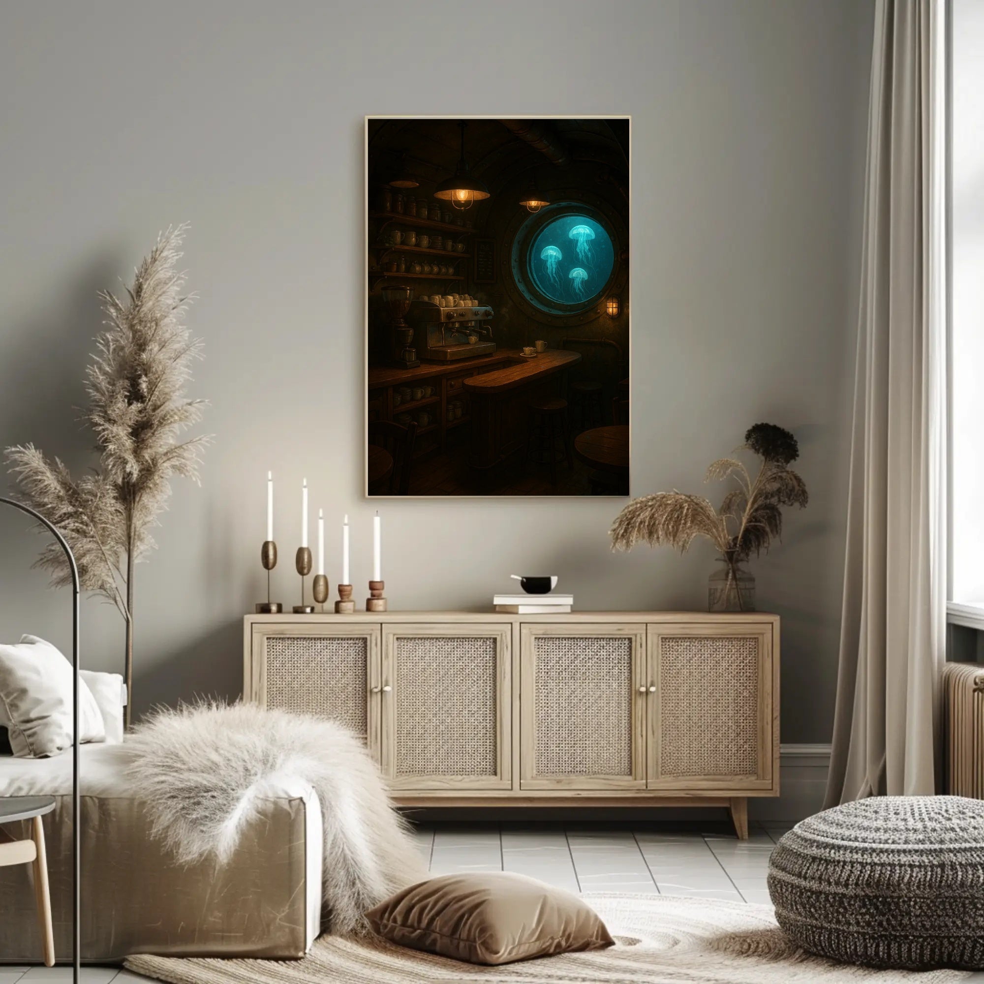 Imaginative Submarine Café Scene in Futuristic Sci-Fi Poster PosterGoat