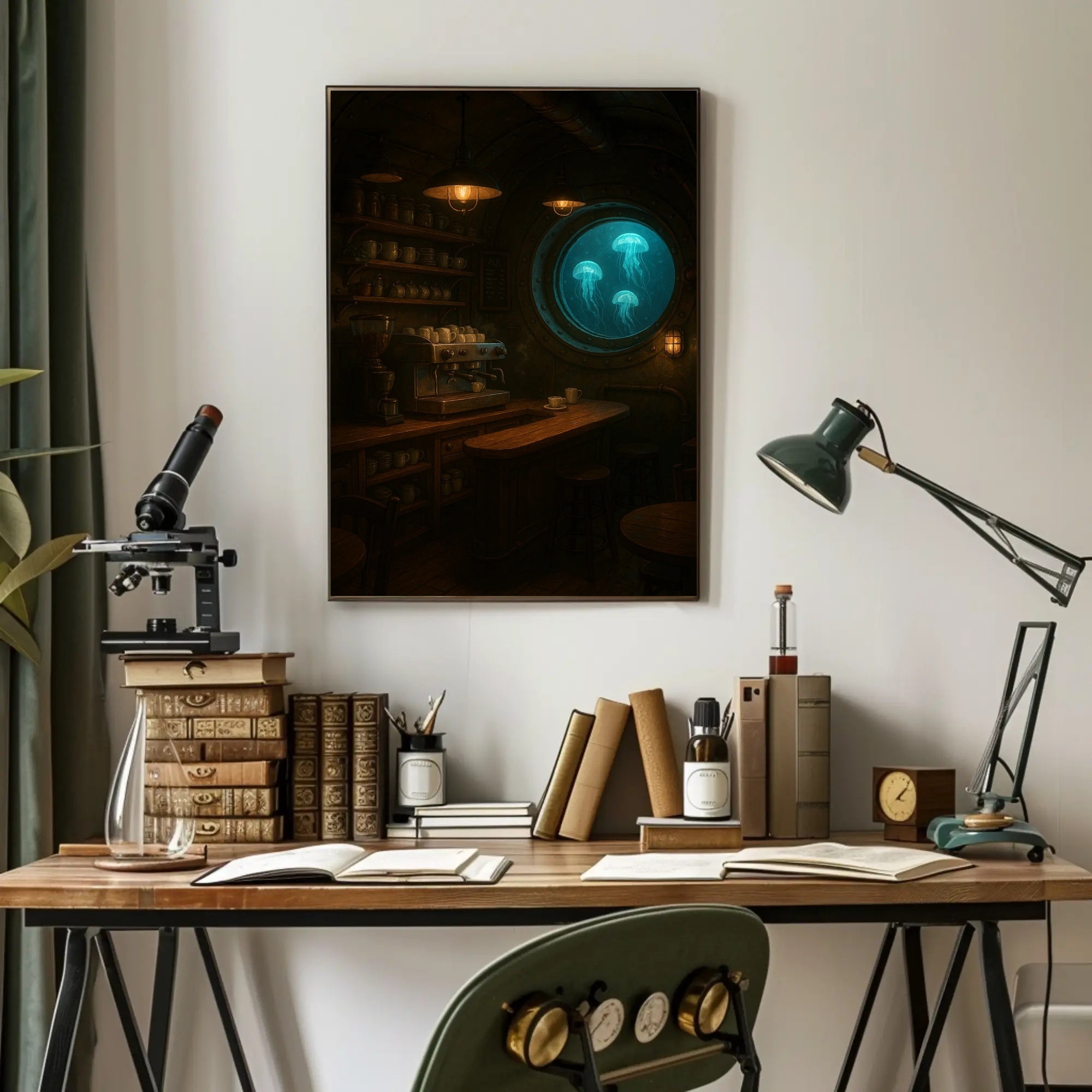 Imaginative Submarine Café Scene in Futuristic Sci-Fi Poster PosterGoat