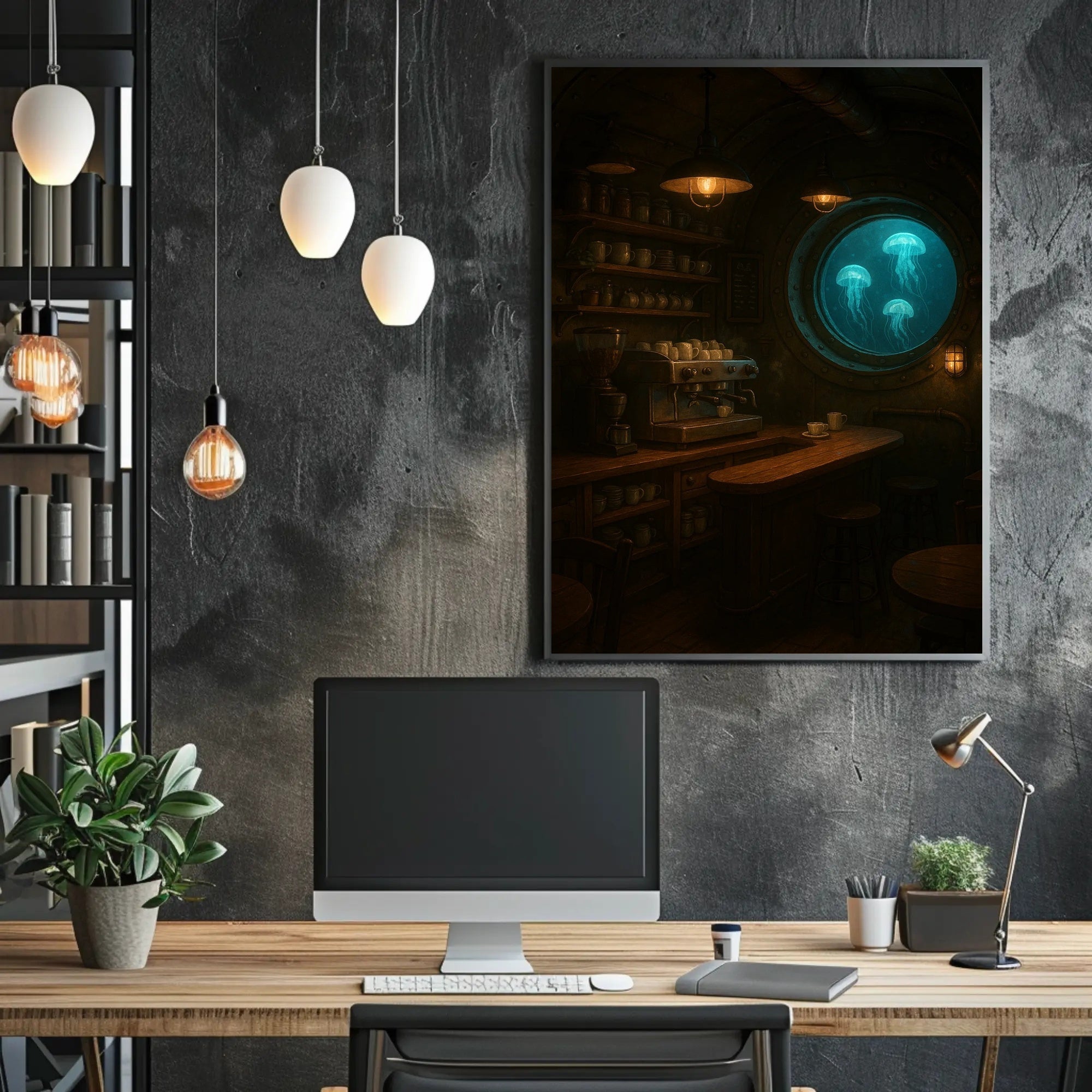 Imaginative Submarine Café Scene in Futuristic Sci-Fi Poster PosterGoat