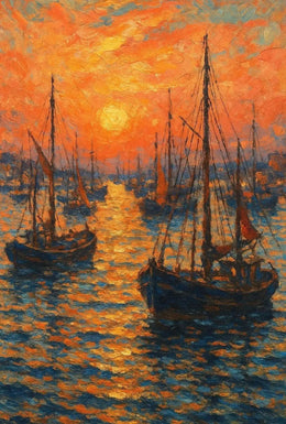 Impressionist Sunset Seascape with Sailboats Poster PosterGoat