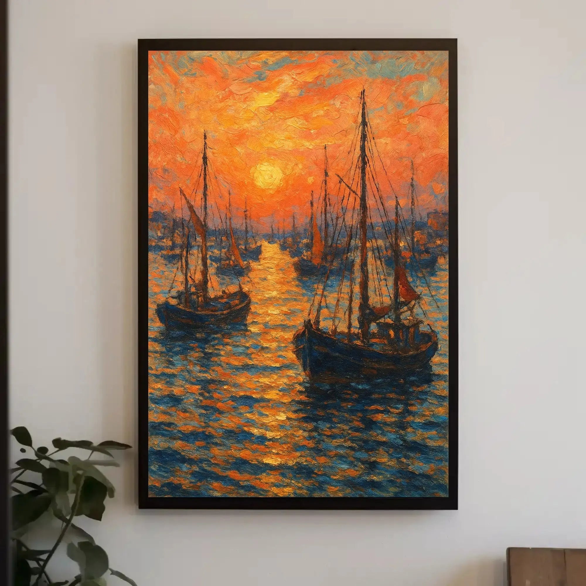 Impressionist Sunset Seascape with Sailboats Poster PosterGoat