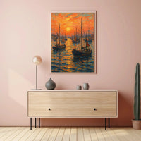Impressionist Sunset Seascape with Sailboats Poster PosterGoat