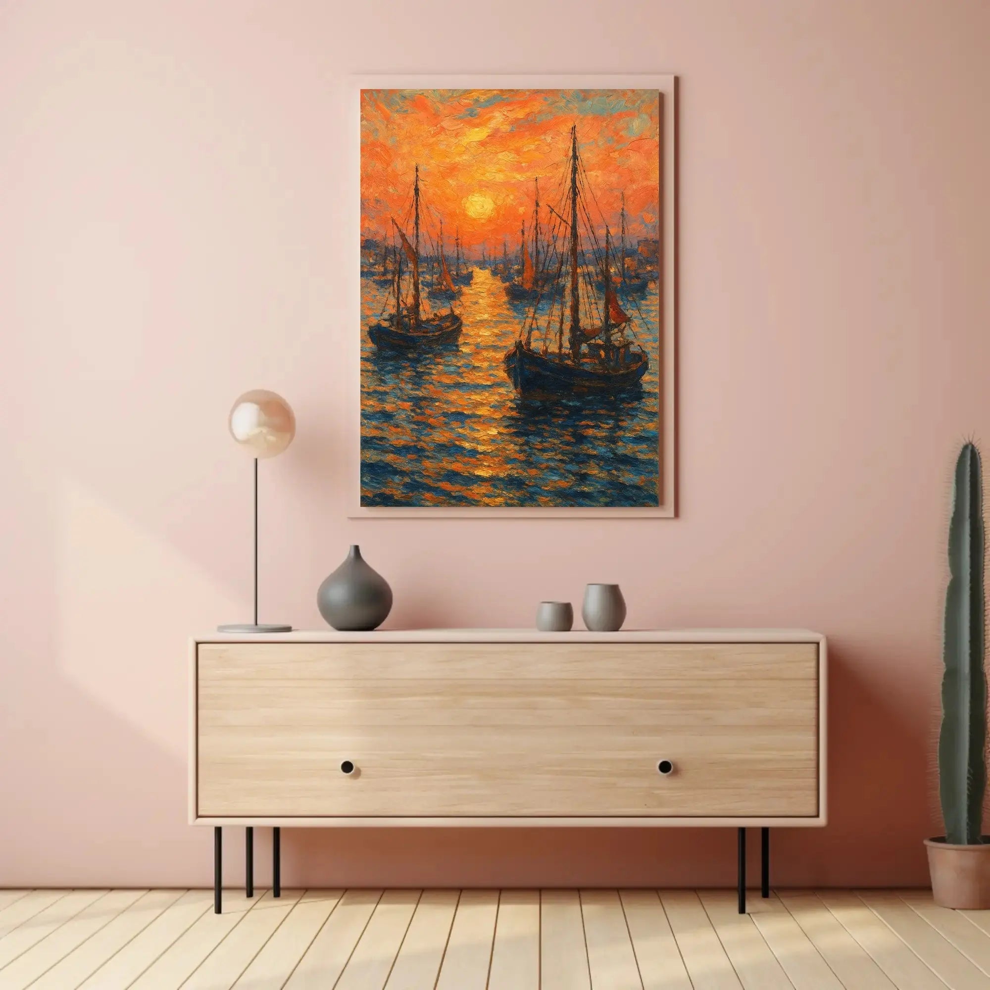 Impressionist Sunset Seascape with Sailboats Poster PosterGoat