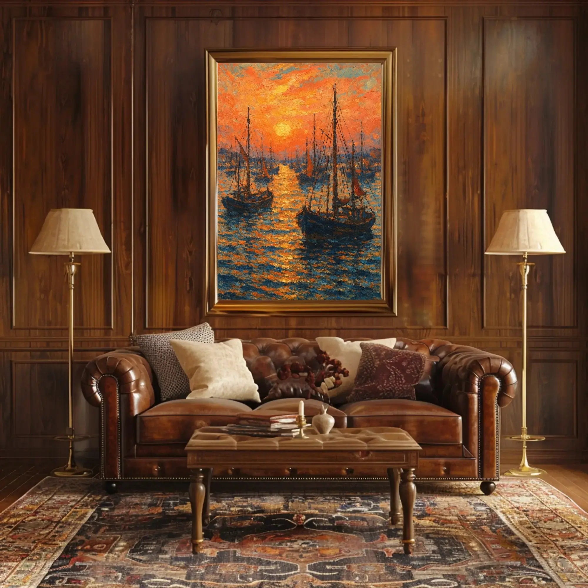 Impressionist Sunset Seascape with Sailboats Poster PosterGoat