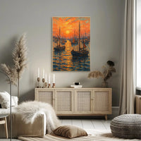 Impressionist Sunset Seascape with Sailboats Poster PosterGoat