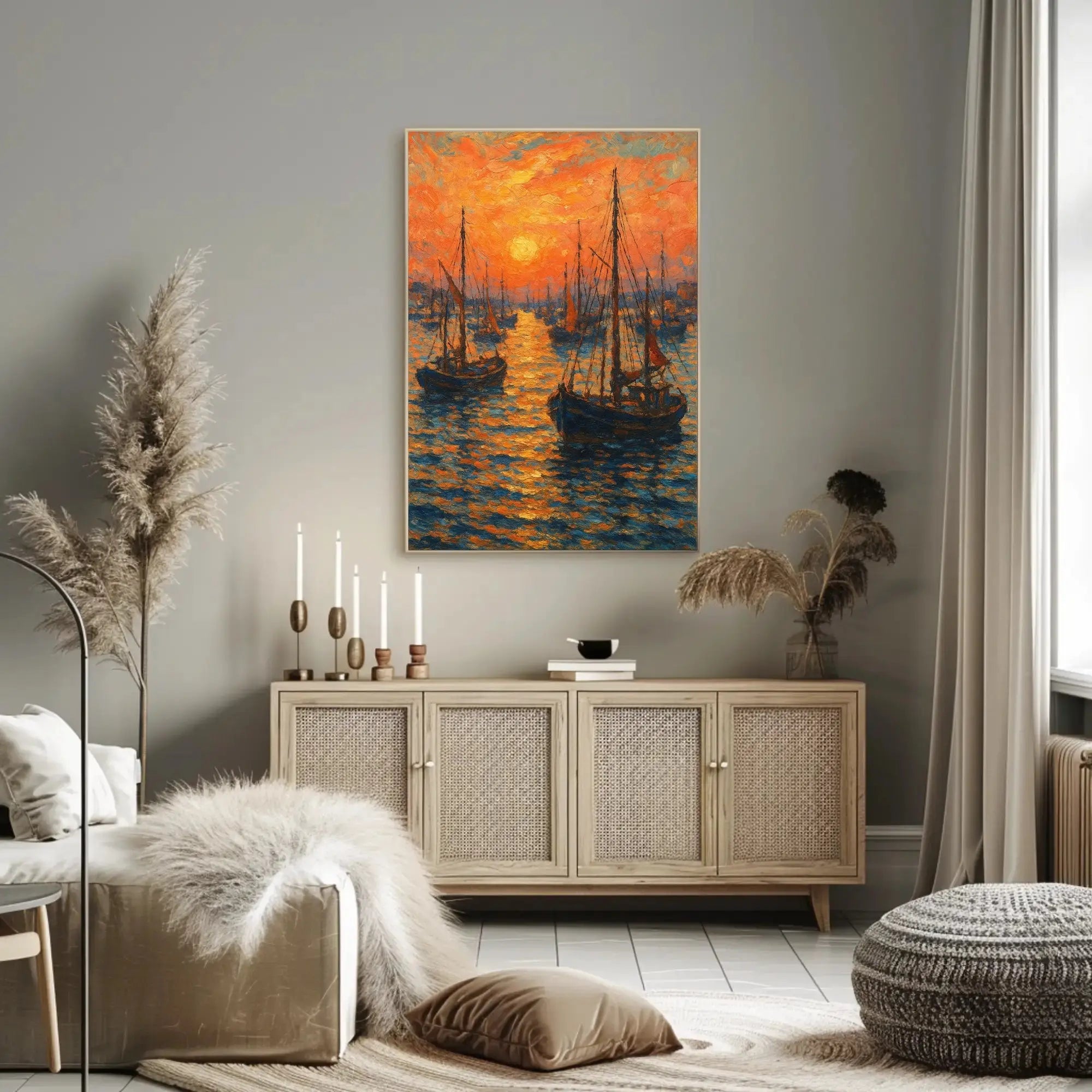 Impressionist Sunset Seascape with Sailboats Poster PosterGoat