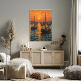 Impressionist Sunset Seascape with Sailboats Poster PosterGoat