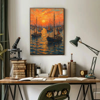 Impressionist Sunset Seascape with Sailboats Poster PosterGoat