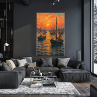 Impressionist Sunset Seascape with Sailboats Poster PosterGoat