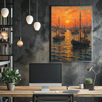 Impressionist Sunset Seascape with Sailboats Poster PosterGoat