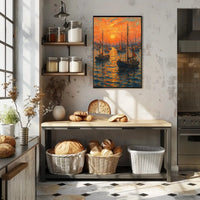 Impressionist Sunset Seascape with Sailboats Poster PosterGoat