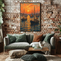 Impressionist Sunset Seascape with Sailboats Poster PosterGoat