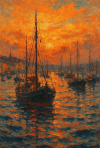 Impressionistic Harbor Sunset: Artistic Coastal Seaside Poster PosterGoat