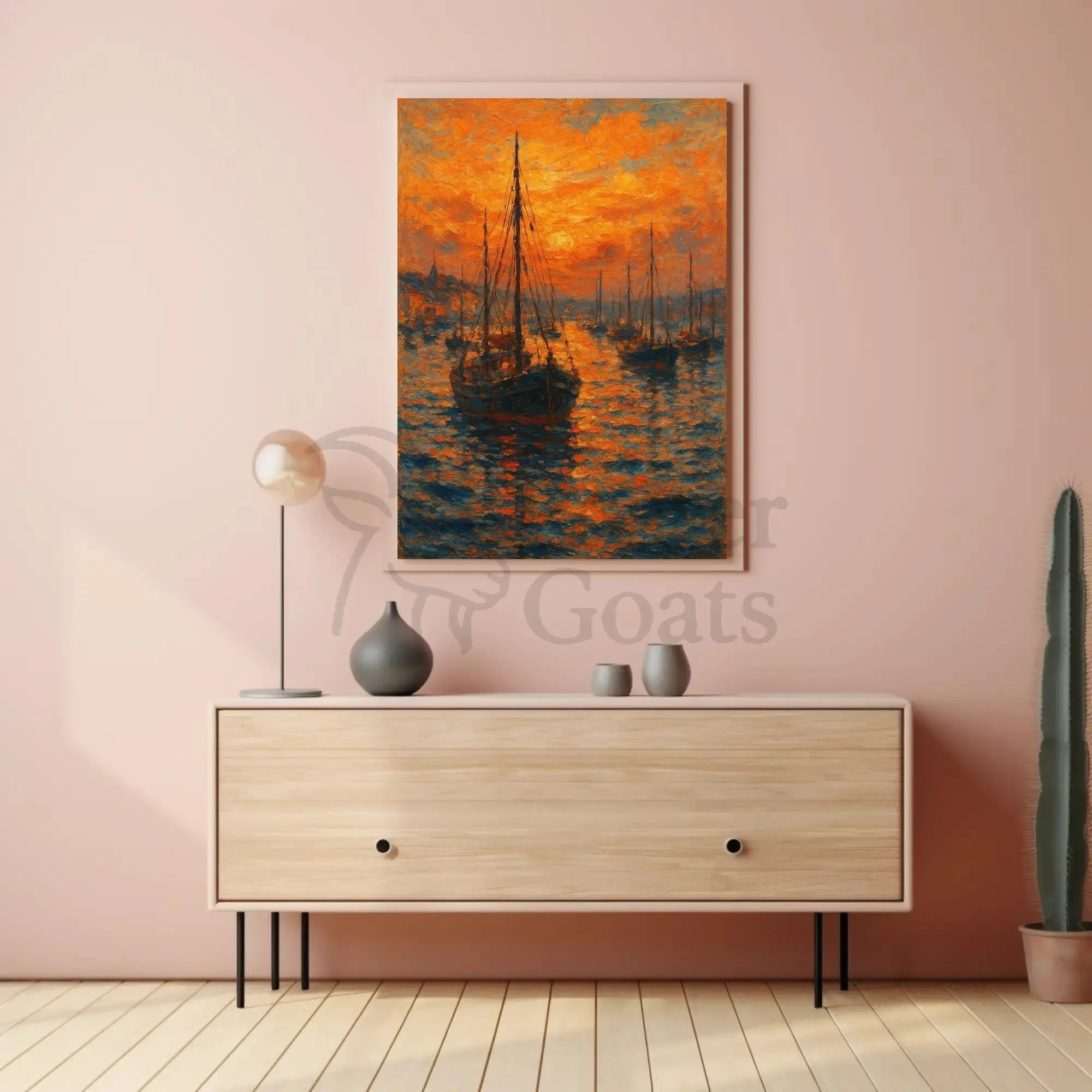Impressionistic Harbor Sunset: Artistic Coastal Seaside Poster PosterGoat