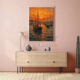 Impressionistic Harbor Sunset: Artistic Coastal Seaside Poster PosterGoat