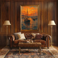 Impressionistic Harbor Sunset: Artistic Coastal Seaside Poster PosterGoat