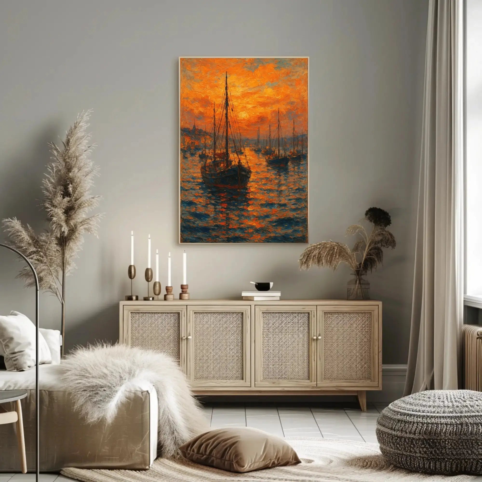 Impressionistic Harbor Sunset: Artistic Coastal Seaside Poster PosterGoat