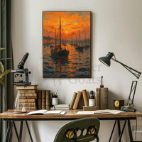 Impressionistic Harbor Sunset: Artistic Coastal Seaside Poster PosterGoat
