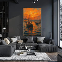 Impressionistic Harbor Sunset: Artistic Coastal Seaside Poster PosterGoat