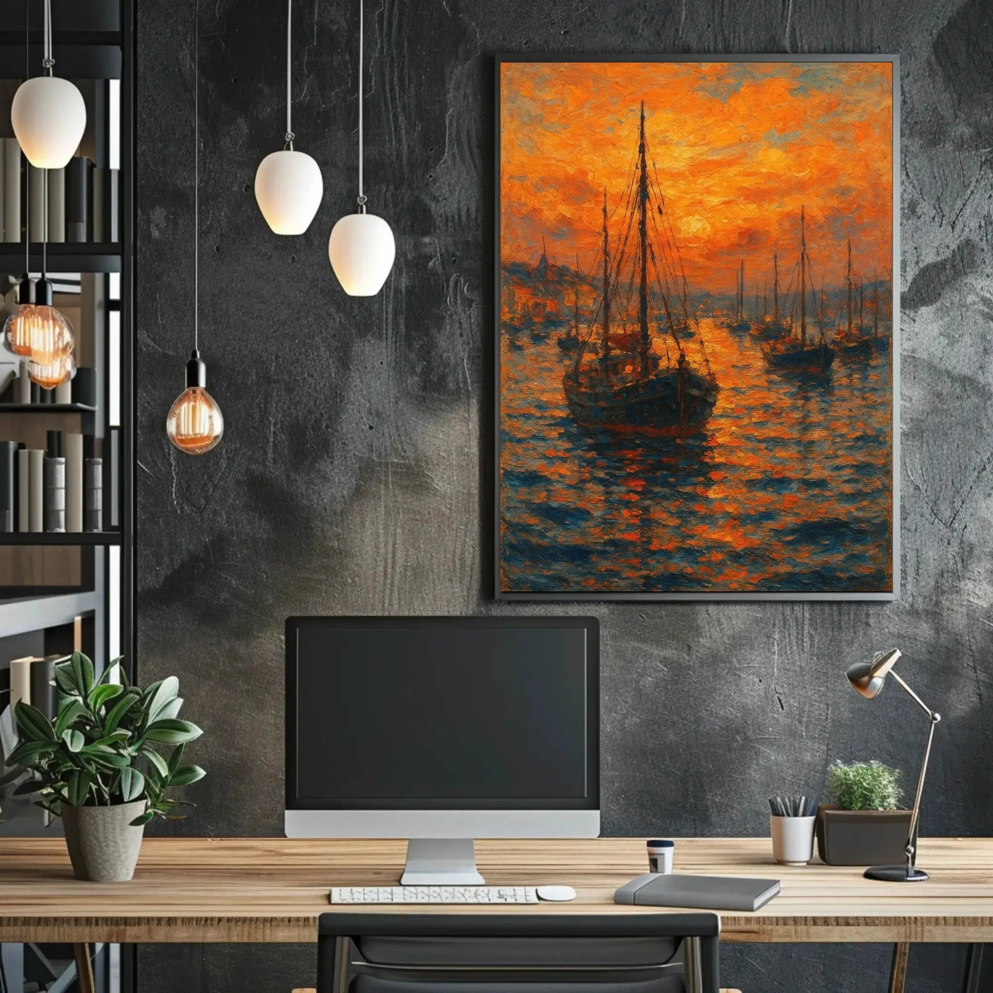 Impressionistic Harbor Sunset: Artistic Coastal Seaside Poster PosterGoat