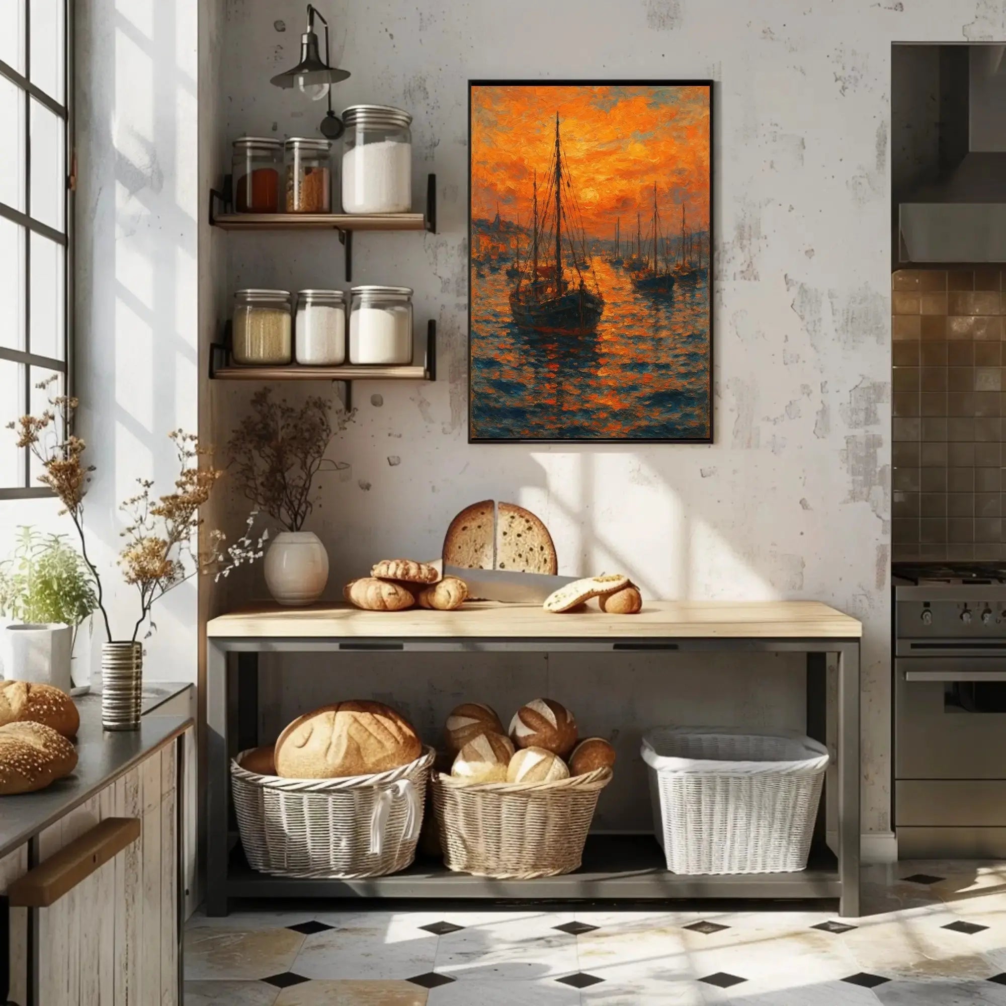 Impressionistic Harbor Sunset: Artistic Coastal Seaside Poster PosterGoat