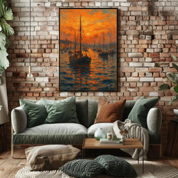 Impressionistic Harbor Sunset: Artistic Coastal Seaside Poster PosterGoat