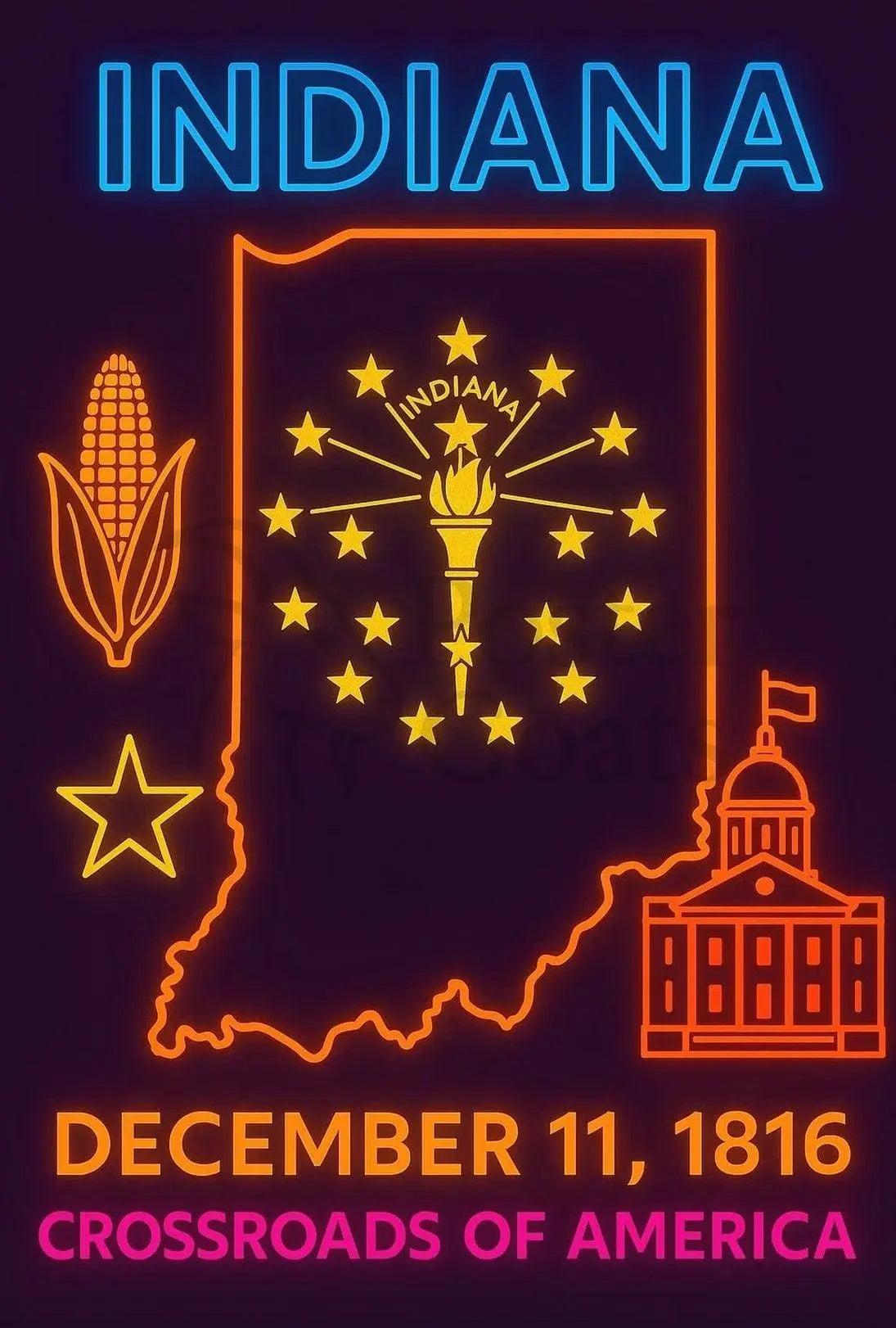 Indiana Heritage Neon Art Print - Cultural or Heritage Poster PosterGoat