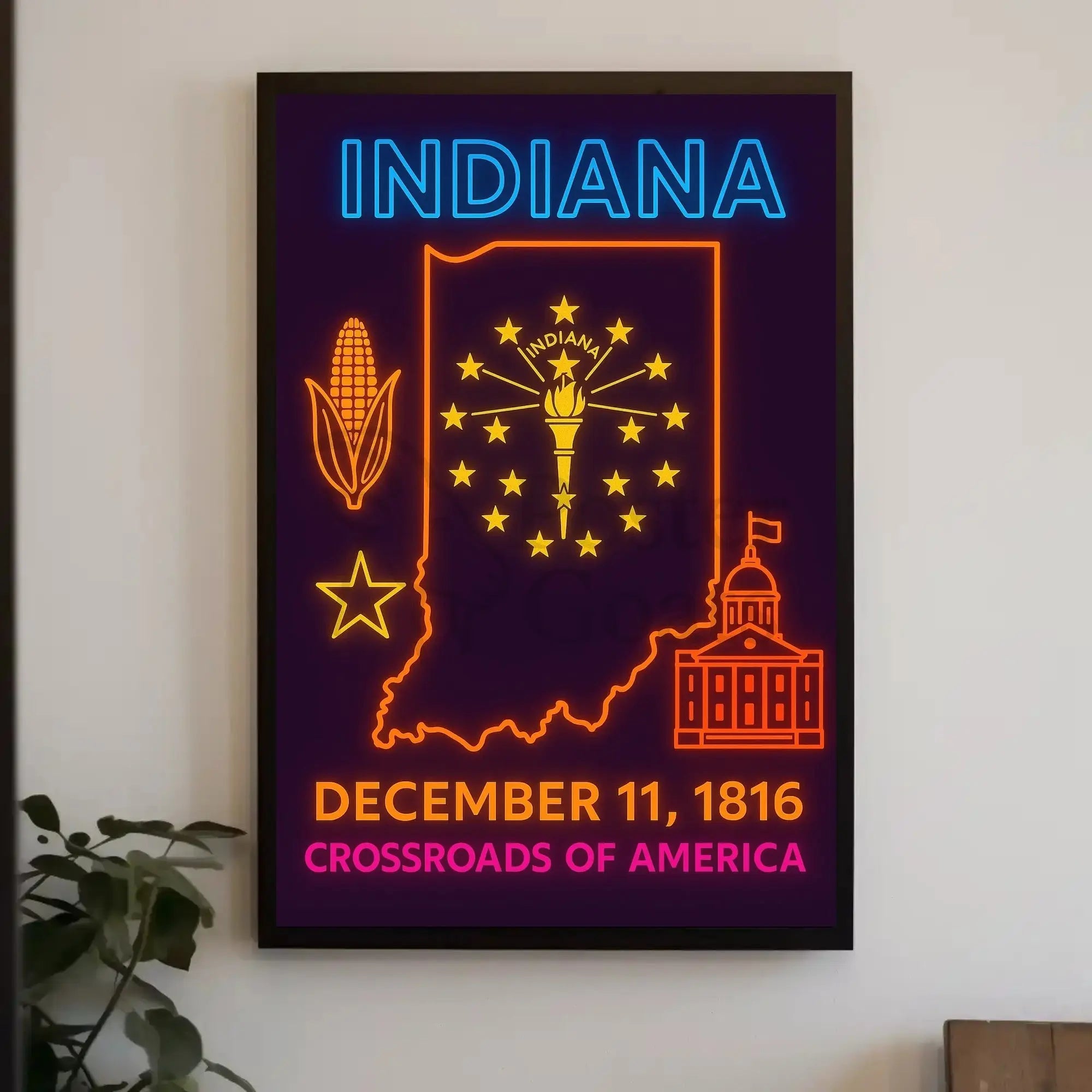 Indiana Heritage Neon Art Print - Cultural or Heritage Poster PosterGoat