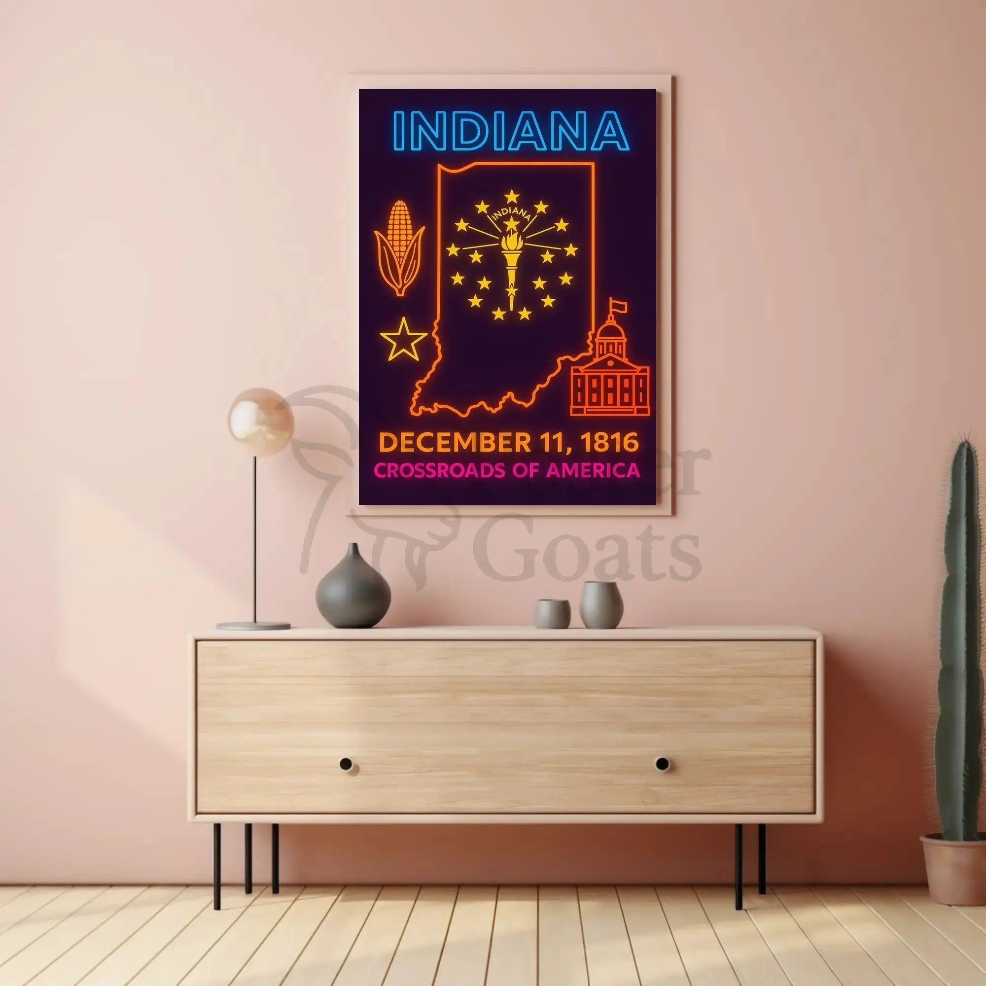 Indiana Heritage Neon Art Print - Cultural or Heritage Poster PosterGoat