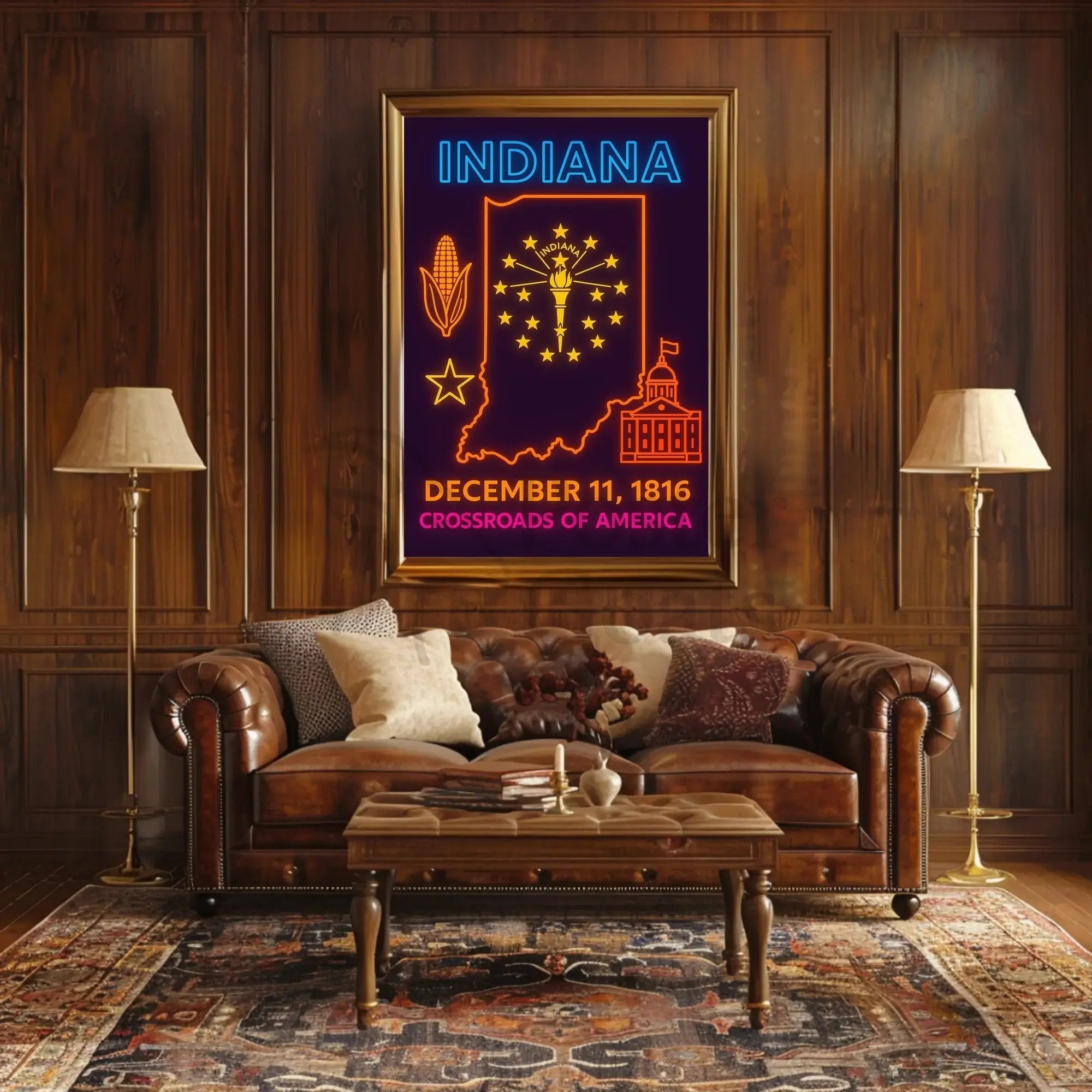 Indiana Heritage Neon Art Print - Cultural or Heritage Poster PosterGoat