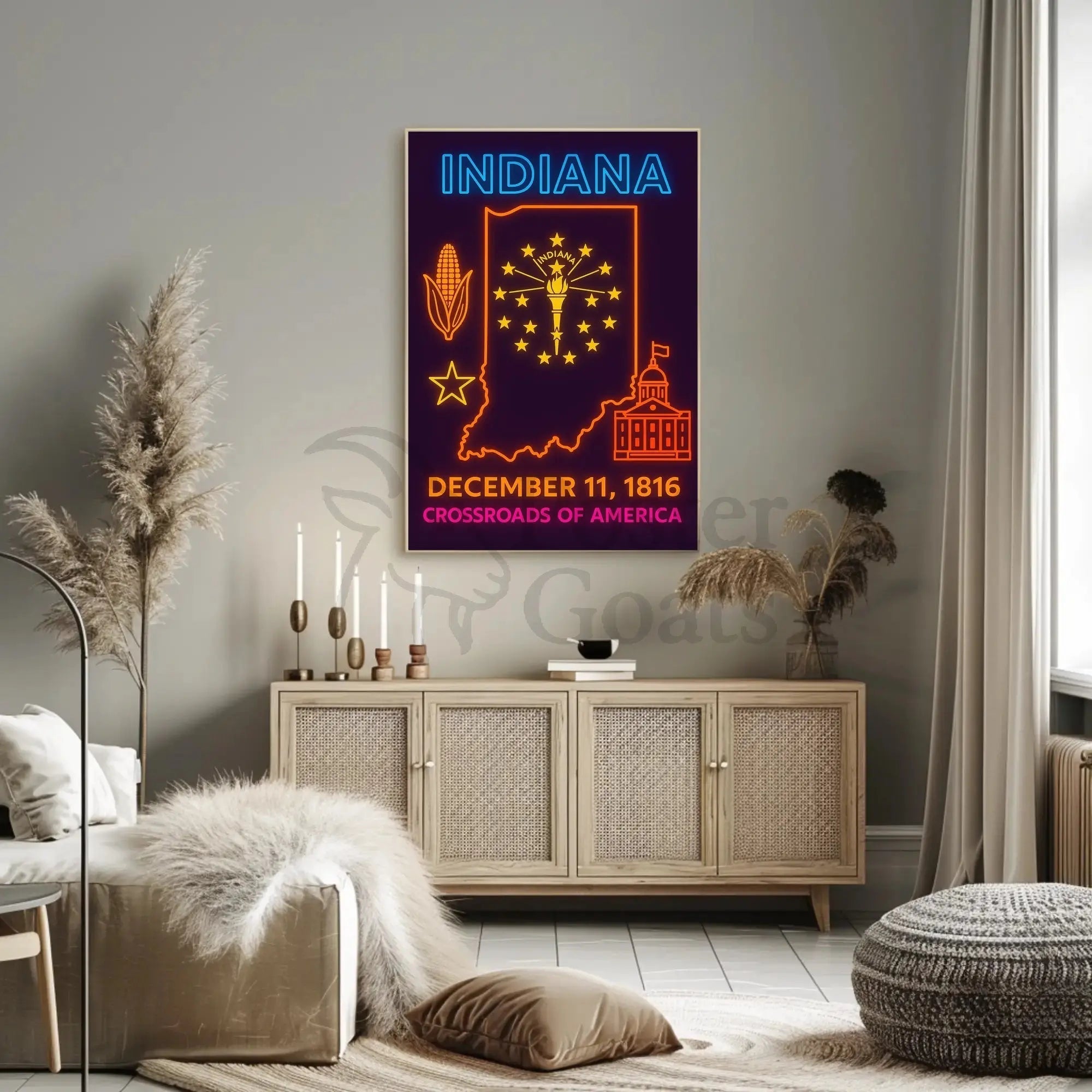 Indiana Heritage Neon Art Print - Cultural or Heritage Poster PosterGoat
