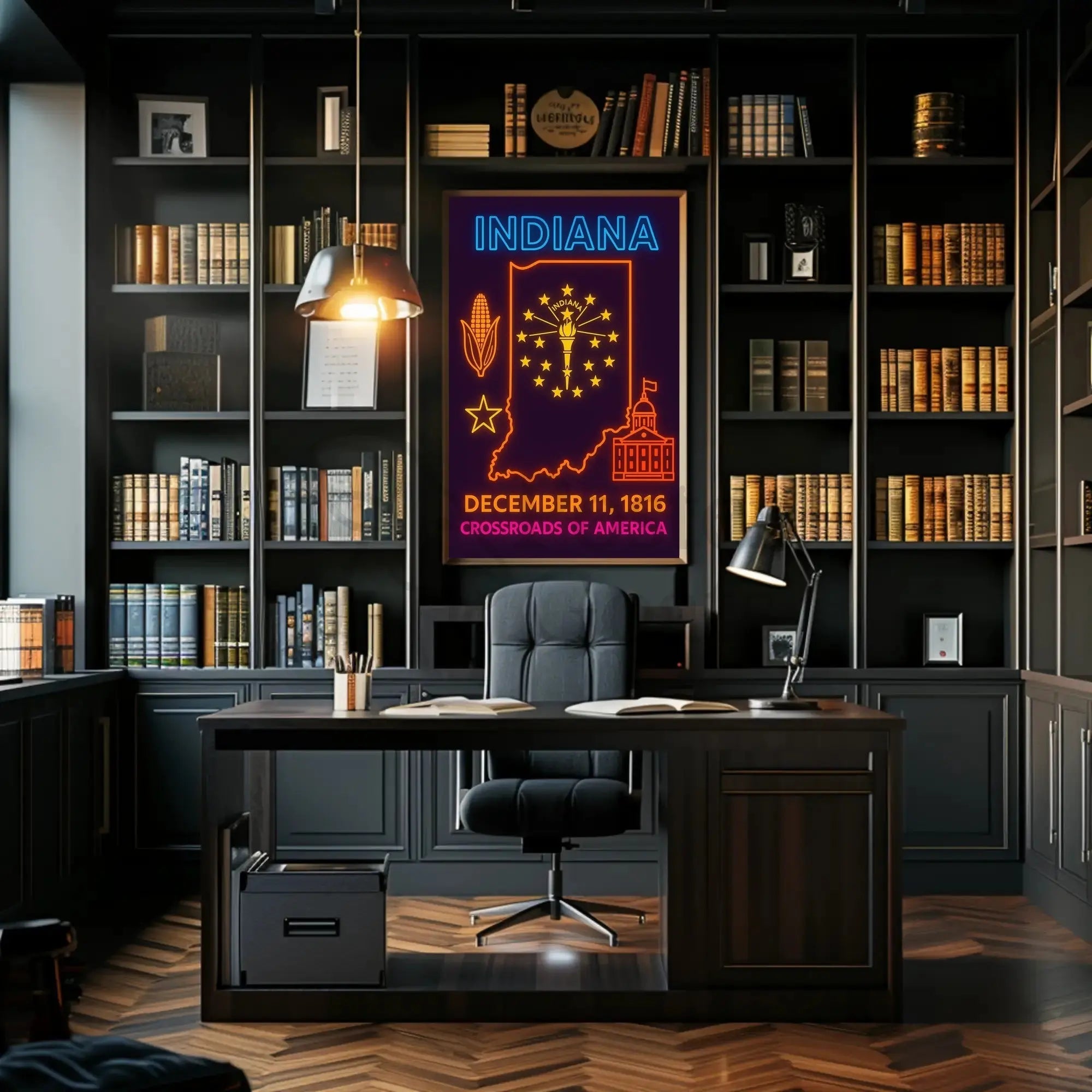 Indiana Heritage Neon Art Print - Cultural or Heritage Poster PosterGoat