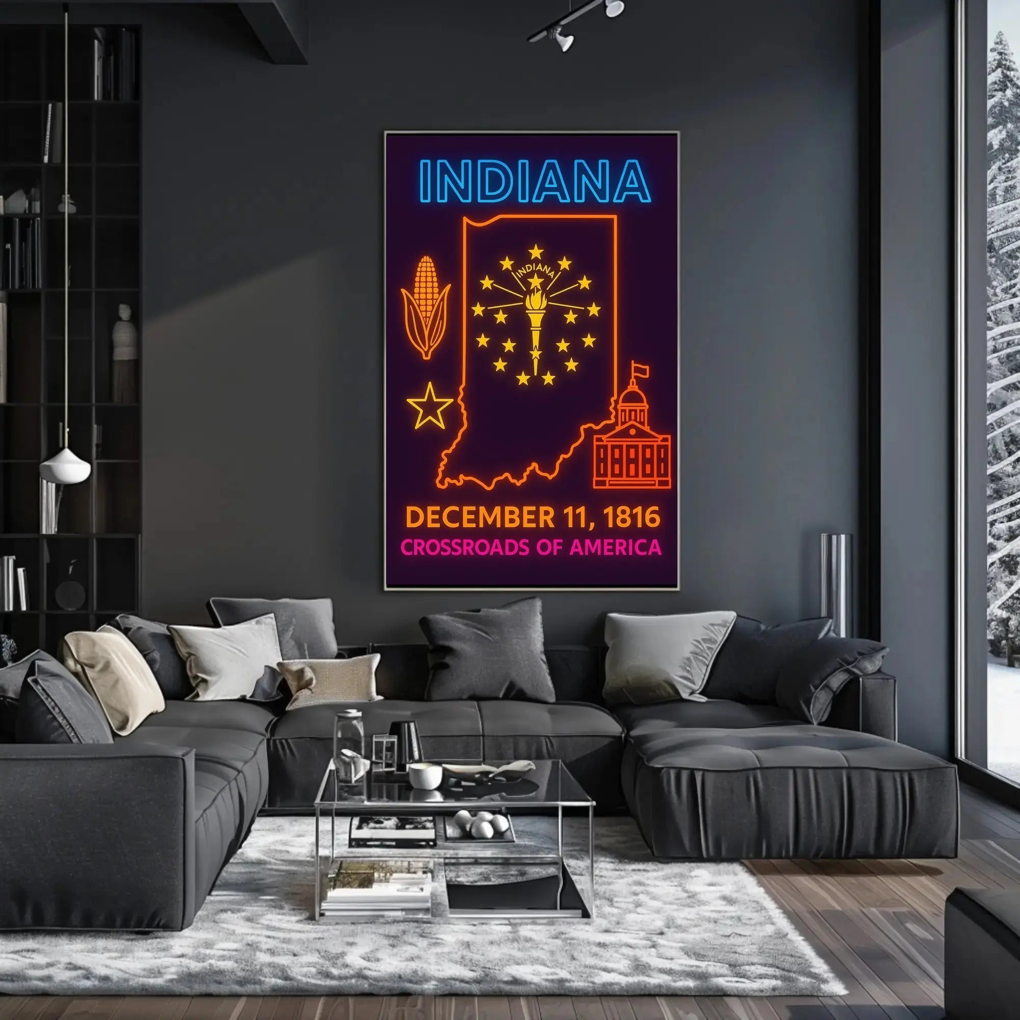 Indiana Heritage Neon Art Print - Cultural or Heritage Poster PosterGoat