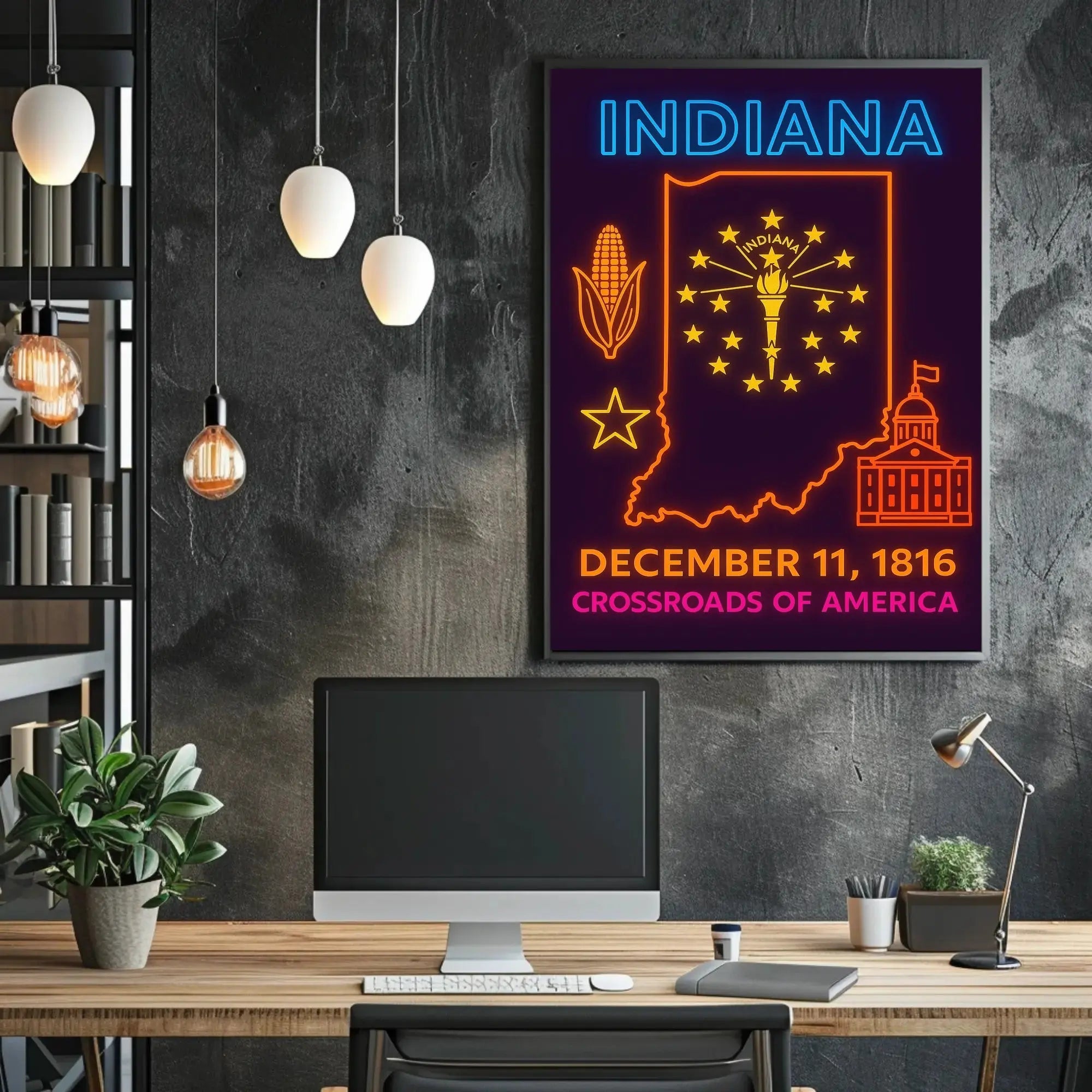 Indiana Heritage Neon Art Print - Cultural or Heritage Poster PosterGoat