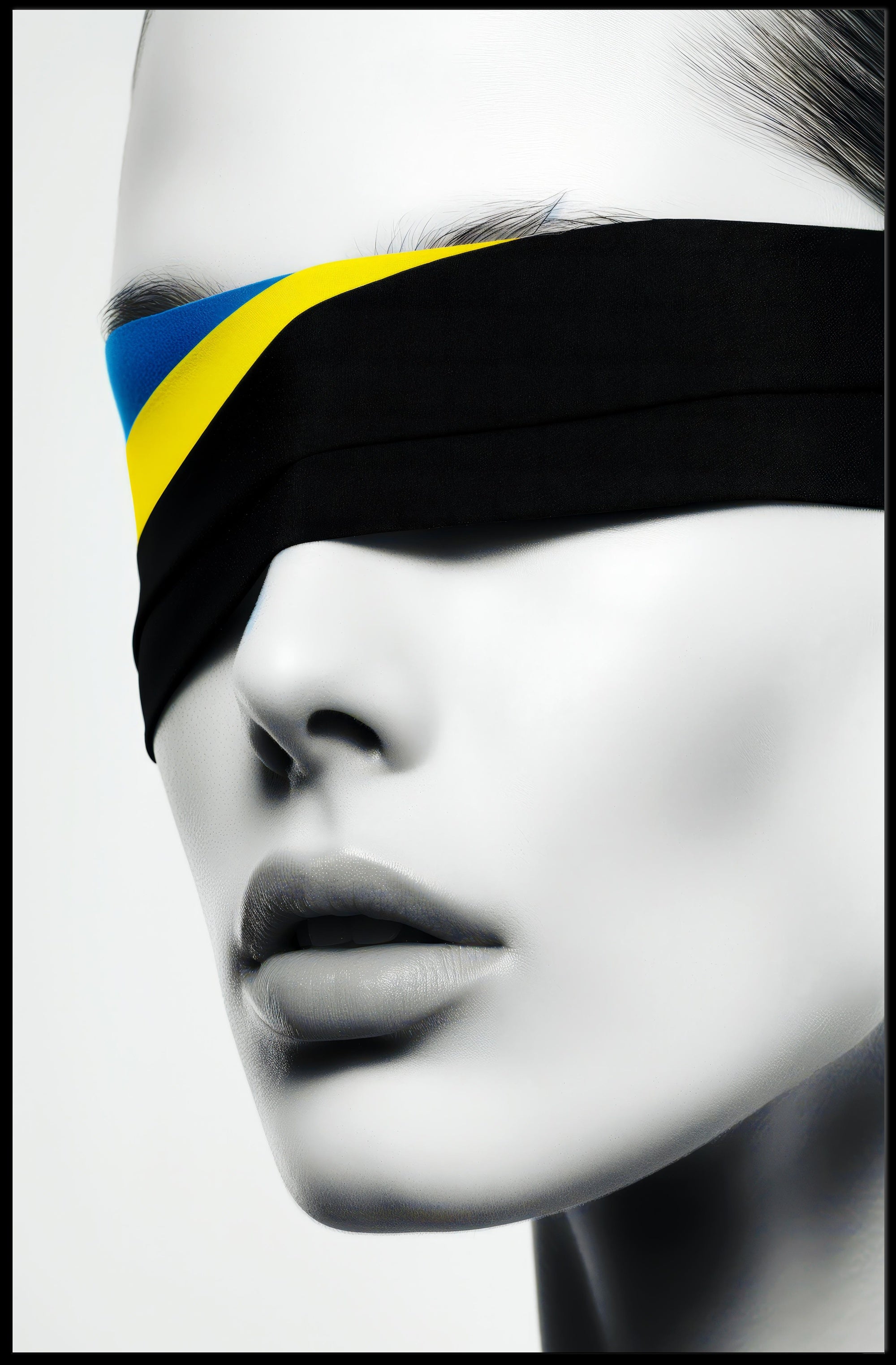 Introspective Grayscale Beauty with Ukrainian Flag Political Poster PosterGoat