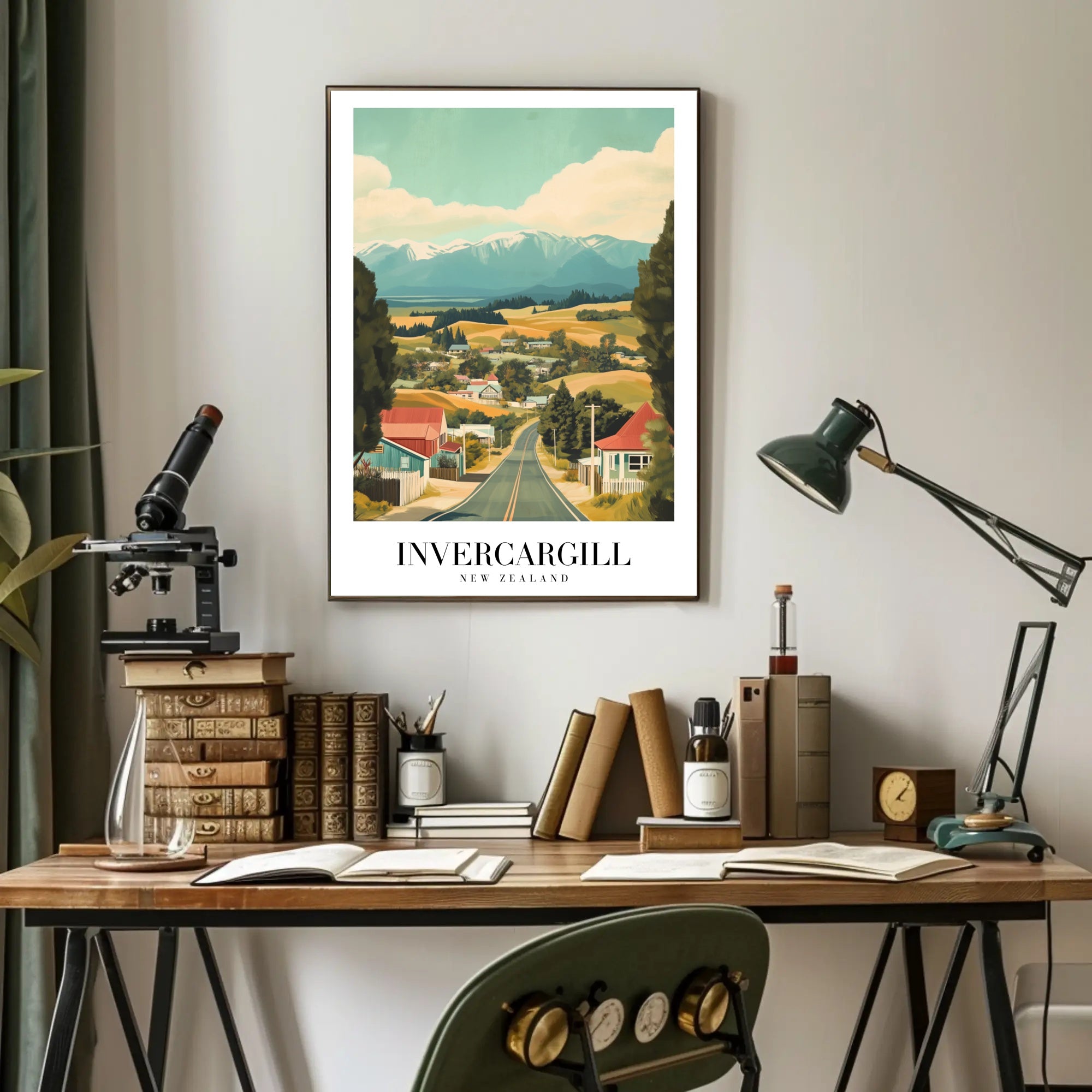 Invercargill Vintage Travel Art: Nostalgic Rural Landscape Travel Poster PosterGoat