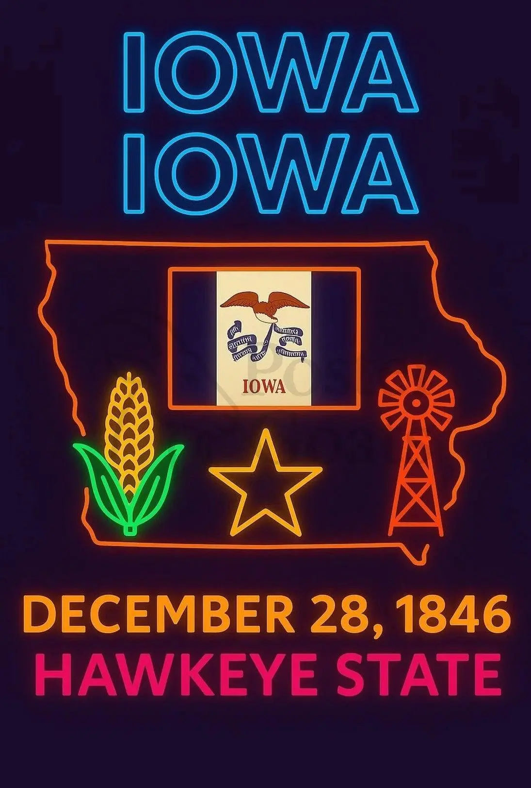 Iowa Heritage Neon Sign - Cultural or Heritage Poster PosterGoat